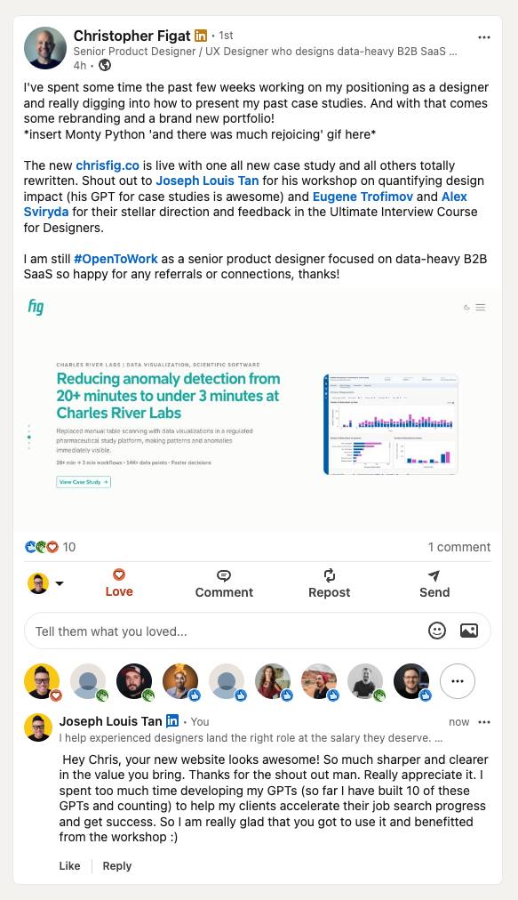 LinkedIn post announcing the rebuilt portfolio